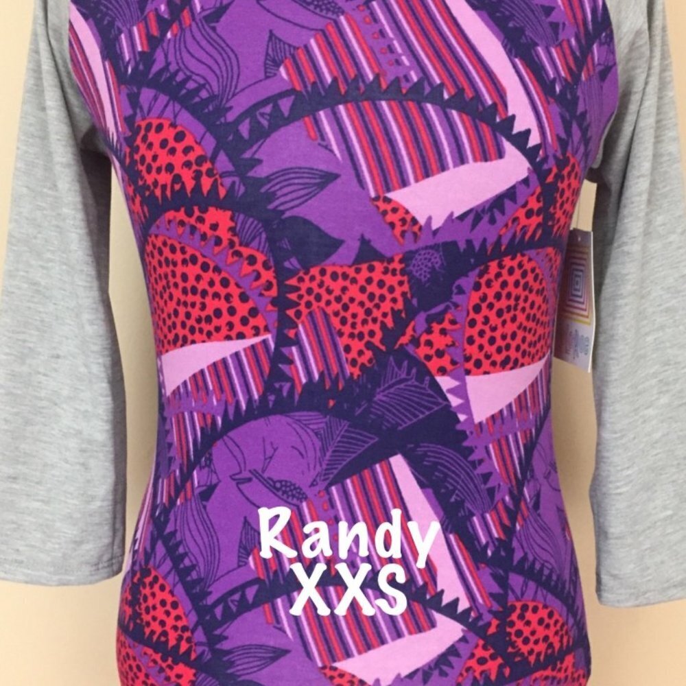 LuLaRoe Randy Baseball T, purple tones and grey sleeves. Excellent condition.